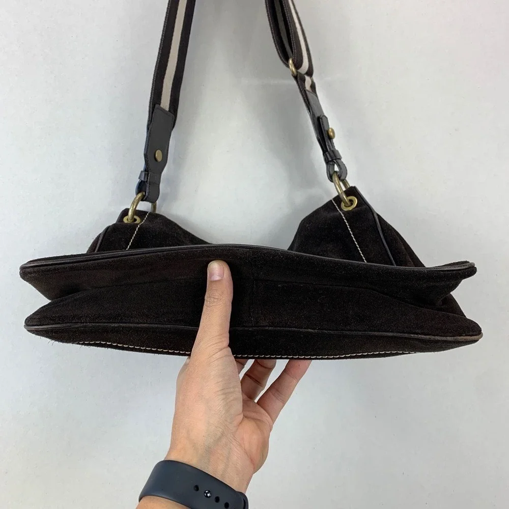 Bally Trensa Foldover Suede Shoulder Bag Womens OS Brown Italy Vintage Leather